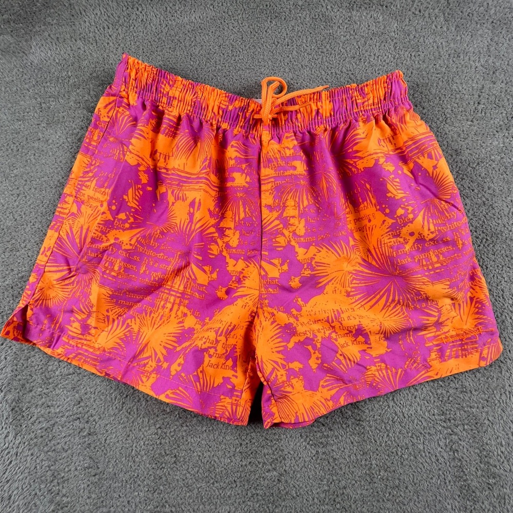 Panama Jack Swim Trunks Mens Medium Orange Purple Tropical Palm Script Beachwear